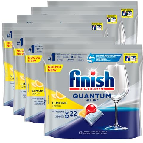 154 Caps Finish Powerball Quantum All in 1 per Lavastoviglie Profumo al Limone Pulizia Profonda e Brillantezza - 7 Confezioni da 22 Capsule