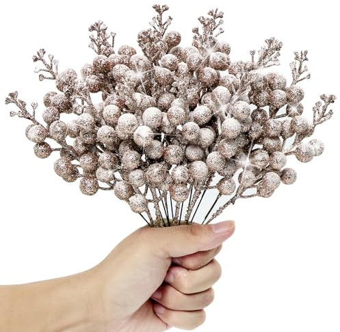 KKSTY Paquete de 16 tallos de bayas de Navidad con purpurina, púas artificiales de bayas nevadas, ramas de bayas de acebo para hacer coronas, suministros de decoración de árbol de Navidad (oro rosa)