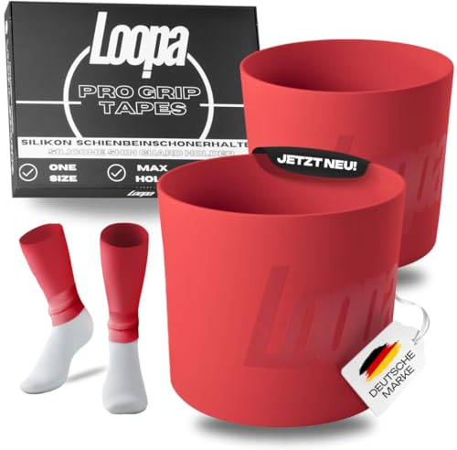 Loopa Pro Grip Tapes Fußball Schienbeinschonerhalter aus hochwertigem Silikon für Herren, Damen & Kinder (ab12J.) | Fußball Stutzenhalter | Shin Guard Holder | Shin Pad Stay (Red)