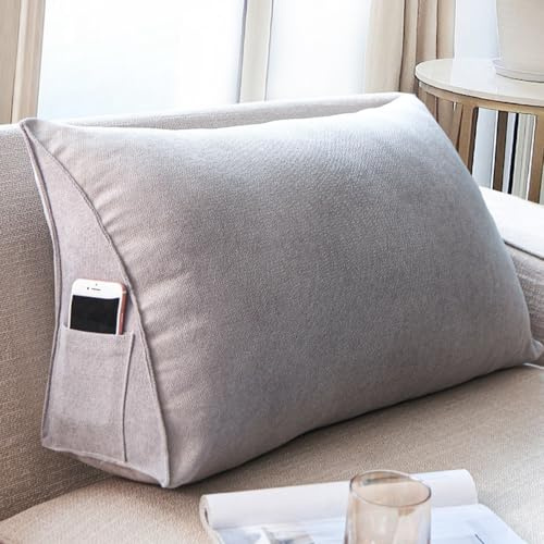 Treer Rückenkissen Lesekissen Keilkissen für Bett Sofa, Nordisch Großes Lendenkissen Rückenlehne Dreieckigen abnehmbarem Sofa Bezug Kopfteilkissen Bettkissen mit Seitenfach (60x35x20cm,Grau)