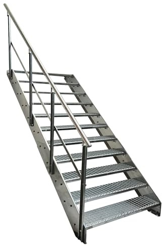 Kaminbau Mierzwa Escalier en acier de qualité supérieure avec garde-corps gauche, entièrement galvanisé, 11 marches en caillebotis, largeur : 1000 mm, hauteur : 209 cm, résistant aux intempéries, pour