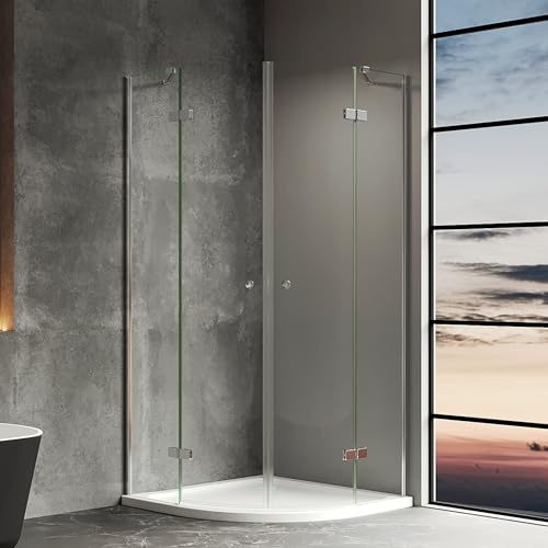 Duschkabine Viertelkreis 80x80 cm Runddusche Duschabtrennung Höhe 185cm | 6 mm ESG Sicherheitsglas, Rahmenloses Design, Silber, MIT Duschwanne & Ablaufgarnitur