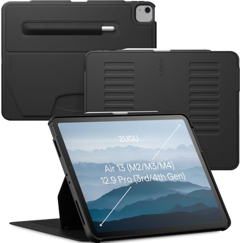 Zugu iPad Air 13 Tum Case (M4/M3/M2) 2026/2025/2024 & iPad Pro 12.9 (3/4 Gen), slimmat skyddshölje, trådlös Apple Pencil Laddning, 10-vinkels Magnetic Stativ Skal & automatisk vila/väckning [Svart]