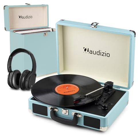 Audizio RP116BL Record Player with Bluetooth Output, Wireless Headphone, Vinyl Player Case, Bluetooth Headphone Included, Turntable Portable Vinyl Record Storage Set