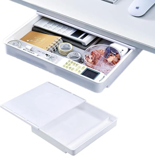 Qivine Cassetto Sotto Scrivania, Autoadesivo Nascosto Cassetto Estraibile con Adesivo, Risparmio Di Spazio Organizzatore Scrivania per Casa, Cucina e Ufficio, 28.2x32.2x5.4cm Bianco