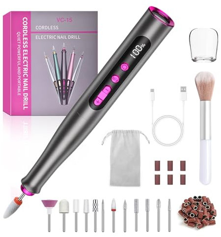 Elektrische Nagelfräser Kabellose - 35000 U/Min Nagelfeile für Gelnägel, 5 Geschwindigkeiten, 12 IN 1 Professionell Fräser für Nägel & Acrylnägel, Akku Rechargeable Maniküre Pediküre Set