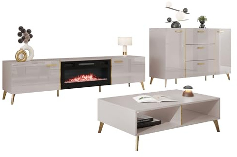 Mirjan24 Wohnzimmer-Set Picru I, Anbauwand, Wohnzimmerschrank, Schrankwand, im Set: Kommode, TV Lowboard mit Elektrischem Kamin, Couchtisch (Cashmere/Cashmere Hochglanz + Gold)