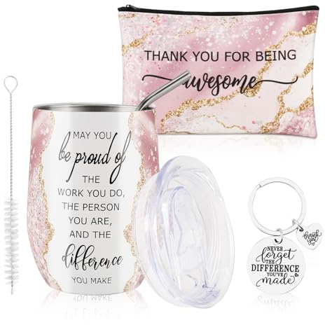 Povxlum Employee Appreciation Gift Mug Sets 12oz Insulated Cup Thank You for Being Awesome Stainless Steel Tumbler Keychain Makeup Bag for Team Coworker Teachers Staff (Pink)