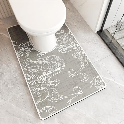 Treer Bath Mat Non Slip Diatomite Toilet Mat U Shape Pedestal WC Toilet Rug Absorbent Quick Dry for Bathroom Floor, Washable Easy to Clean, Minimalism Pattern (Retro,55x90cm)