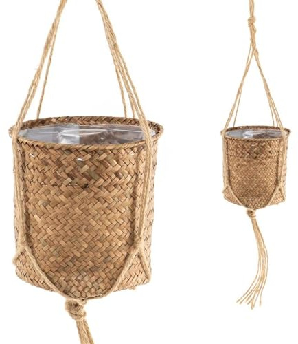 ROCKING GIFTS Macetero Colgante de Mimbre Marrón, Cesta Decoración Boho Elegante Interior, Tiesto Planta Artificial, 17cm