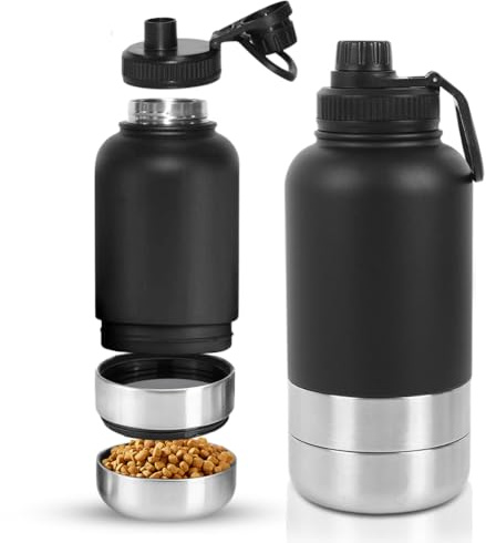 Piashow Trinkflasche Hunde für Unterwegs, Trinkflasche Hund Edelstahl mit Wassernapf & Futternapf, Isolierte Hundetrinkflasche für Unterwegs 32oz, für Reisen Wandern Spaziergang