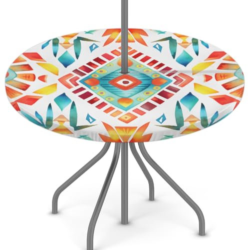 Woltant Nappe ronde avec trou de parasol et fermeture éclair facile à nettoyer avec bords élastiques - Protection de table d'extérieur pour jardin, terrasse, barbecue (orange et bleu, motif tribal)