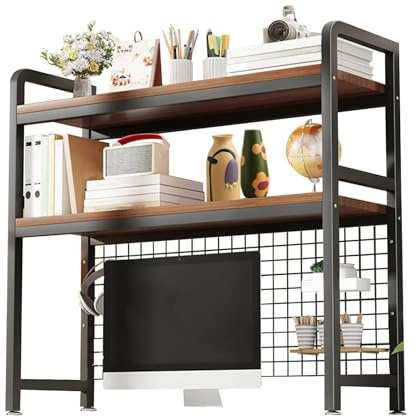 2 -Ebenen schreibtisch regalaufsatz，75CM/95cm/115cm/135cm Metall/Holz Mehrzweck-tischregal, schreibtisch organizer regal, Büro desktop bücherregal, book shelf for Zuhause und Büro (Schwarz, 75CM)