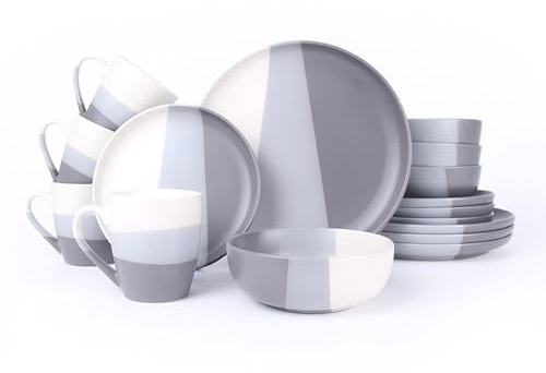 ROYALFORD 16 Piece Stoneware Dinnerware Set | Microwave, Dishwasher & Freezer Safe Durable Crockery Set | Includes Dinner & Dessert Plates Cereal Bowl & Mugs Kitchen Dinner Set for 4 People Cloud Grey
