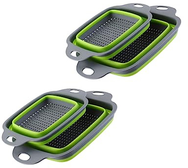 GRIRIW 2pcs Foldable Drain Basket Set Telescopic Fruit and Vegetable Washing Basket Green Multi-Purpose Kitchen Storage Solution for Home and Garden