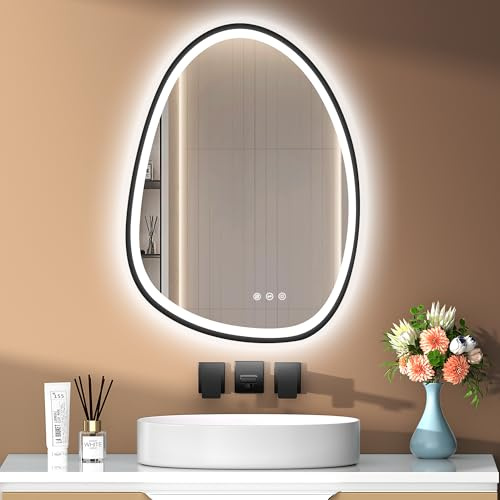 PESENXAN Asymmetrischer Spiegel mit Beleuchtung, LED Badspiegel 83x60 cm mit Touch-Schalter – Antibeschlag, 3 Lichtfarben, Dimmbar & Speicherfunktion, Schwarz (Horizontal/Vertikal)