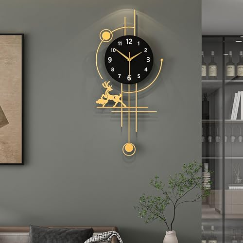 FLEBLE Large Gold Wall Clock with Pendulum – Silent Non-Ticking Battery Operated, Metal Decorative Clock for Living Room, Bedroom, Kitchen, Bathroom,Farmhouse Home Decor, 12.9 x 28.3inch