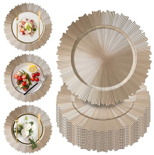 PROY 100 Pcs 13 Inch Gold Charger Plates Bulk, Elegant Fluted Edge Plastic Charger Plates Reusable Table Chargers, Round Chargers Dinner Plate Wedding Decoration