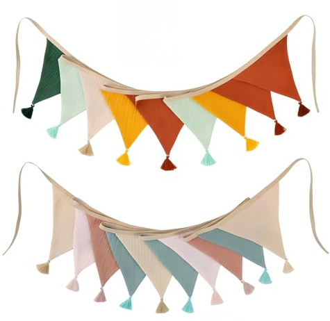 2 Pièces Fanions Guirlande, Multicolore Guirlande en Tissu de 2,6M Guirlandes de Fanions pour Chambre d'enfant Bannière de Drapeau à Suspendre pour Baby Shower Décorations Mariage Fête Jardin (Frange)