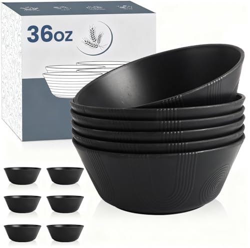 Wrova Plastic Bowl 36oz Unbreakable Large Bowl Set of 6, Serving Bowls for Ramen, Salad, Cereal - Microwave and Dishwasher Safe Bowls, Lightweight Bowl Sets for Kitchen, Camping, Apartment - Black