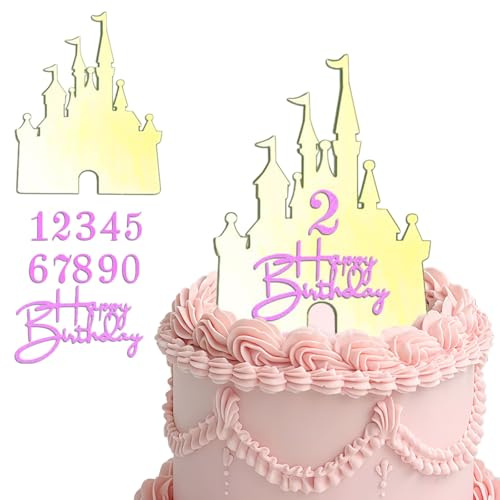 TESGADGETS Cake Topper with Castle and 'Happy Birthday' Inscription, customisable with age for a princess-themed birthday party