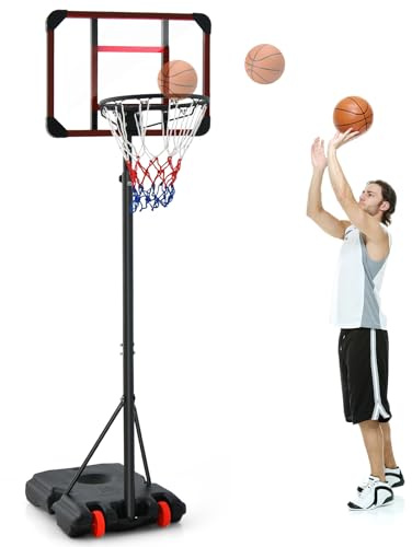 GYMAX Adjustable Basketball Hoop and Stand, 193-248cm Portable Basketball Goal System with Crash-resistant PE Backboard, 2 Wheeled Basketball Hoop Set for Outdoor Indoor