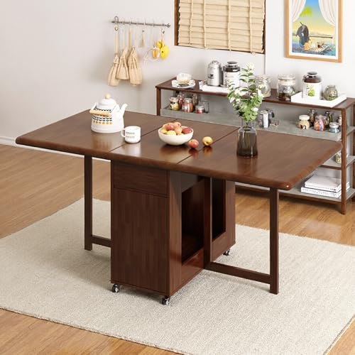 Table à manger extensible gain de place multifonctionnelle – table de cuisine en bois 130cm avec rangement et roulettes 360°, pour 2 à 6 personnes, idéale pour petits espaces, finition noyer