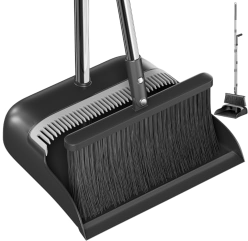CTIME Dustpan and Brush Set, Long Handle Broom with Comb Teeth | 180° Rotating Adjustable height No need to bend over for Pet Hair & Sweeping, Ideal for Kitchen, Home, Office & Lobby