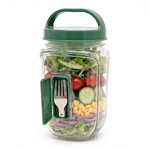 MORFEZE Salad Pod Mason Jar Salad Container Side Open, Vertical Layering Salad Jar with Leakproof Dressing Compartment, Reusable Portable Lunch Container for Work, Office, Picnic, Travel (1)