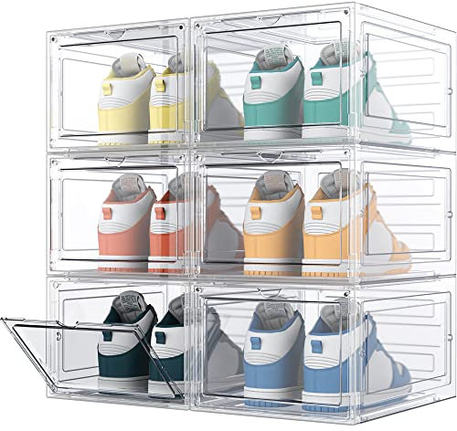 HOMIDEC 6 pcs Shoe Boxes, Shoe Storage Box Clear Plastic Stackable, Shoe Organizer Containers with Lids for Women/Men 34.5 x 27 x 19 cm