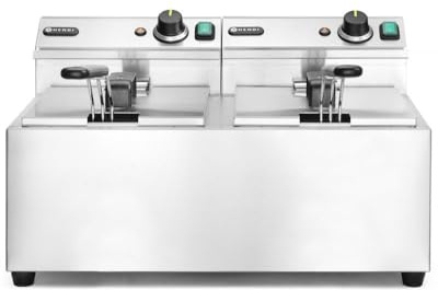 HENDI Freidora eléctrica, temperatura ajustable hasta 195°C, termostato de seguridad, zona fría, con tapa y cesta de freír, 2x8L, 230V, 2x3500W, 605x455x(H)345mm, acero inoxidable 18/0
