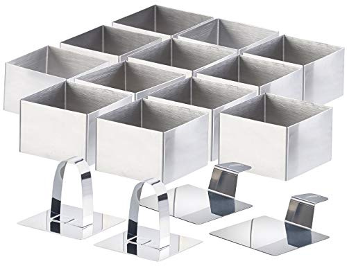 Rosenstein & Söhne Speiseringsets: 12 Dessert-/Speiseringe 8 x 8 x 5 cm, eckig, mit Heber & Stampfer (Dessert und Speiseringset, Dessertringe Edelstahl, Pizza)