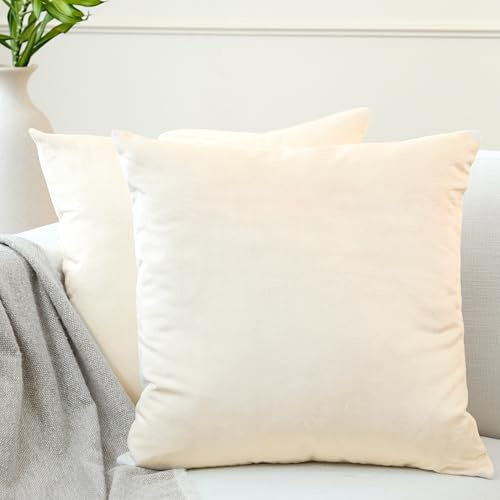 Encasa XO Kissenbezüge aus Samt - 2er-Set (60x60 cm) - Creme- Uni gefärbt, weich & glatt, waschbar, quadratisch, großer Wurfkissenbezug für Couch, Sofa, Stuhl, Bett und Wohnbereich