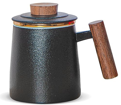 DISDADA Tekopp med Lock Och Sil, 500ml Stor Te Kopp med HåL, Keramik Infusionskoppar med I Trä Handtag, för Lös Te Blad Kaffe TepåSar (färg: Elegant svart)
