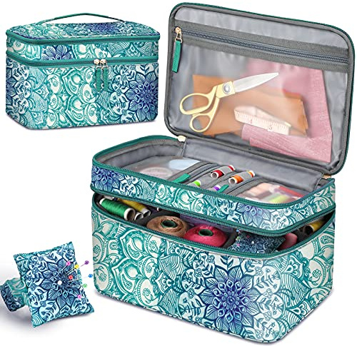 FINPAC Sytillbehör förvaring och organiseringsväska, dubbelskikt sömnadskit bärväska med handledsstift kudde för trådar, nålar, broderi tandtråd tillbehör, filtkit (smaragdillustrationer)