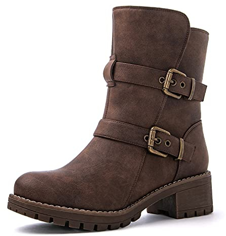 GLOBALWIN Women's Ankle Boots Brown Boots For Women Faux Fur Lined Winter Moto Boots Ankle Booties With Adjustable Double Buckles Size 9.5M