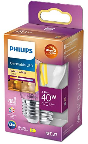 Philips LED Lampadina Candle & Lustre, Sfera, Filamento, WarmGlow, 3.4-40W, Dimmerabile, E27, 1 Pezzo