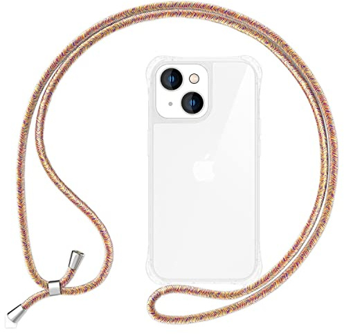 NALIA Coque Cordon pour iPhone 14 - Housse Hybride Transparente & Lanière - HANGIT Pro (Dos Anti-Jaunissement & Réglable) - Marque Allemande, Couleur:Arc-en-Ciel