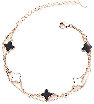 TOEECY Pulsera Doble Capa Trébol Plata 925 Malaquita Blanco Oro Rosa Ajustable Cadena Eslabones Joyería Mujer Elegante