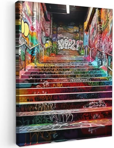 MuchoWow© Bilder Wohnzimmer Deko Modern Wandbild Foto auf Leinwand Bild | 60x80 cm - Schlafzimmer Room Decor Geschenke Banksy - Street Pop Art - Treppe - Graffiti - Farben - Kunst