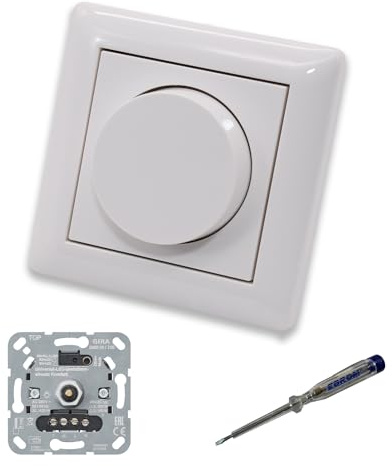 EBROM SET IDEE: GIRA 245500 LED Dimmer Drehdimmer + Dimmerscheibe + Rahmen | LED-Dimmer mit Dimmerscheibe Zentralscheibe Zentralplatte 065003 System55 reinweiß glänzend + EBROM Phasenprüfer zur Montage