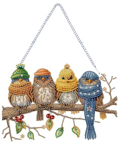 Demiawaking Acryl Diamond Painting Anhänger Vögel, Kristall Diamant Painting Gartendeko Anhänger Fenster Deko, 5D Diamant Malerei Hängen Ornamente mit Kette Garten Deko (A)
