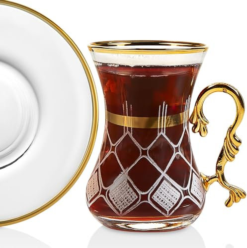 Vissmarta Gold Vintage Turkish Tea Glasses Cups and Saucers Set of 6 Drinking Glassware Party Adults Fancy Serving Coffee Tray Drinks Kettle Women Teacup Handle Moroccan Drinkware Rim (Gold1)