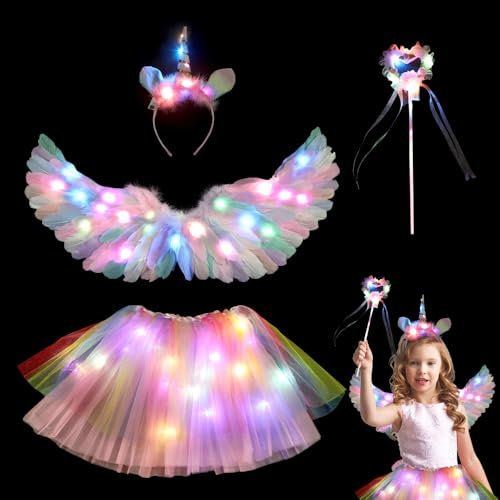 AVCXEC Leuchtend Einhorn Kostüm Kinder, 60 cm Bunt Federflügel Engelsflügel, 4 Stück Engelsflügel Kostüm, Einhorn Haarreif Zauberstab LED Tutu Tüllrock, Engelsflügel Federflügel, für Cosplay Karneval
