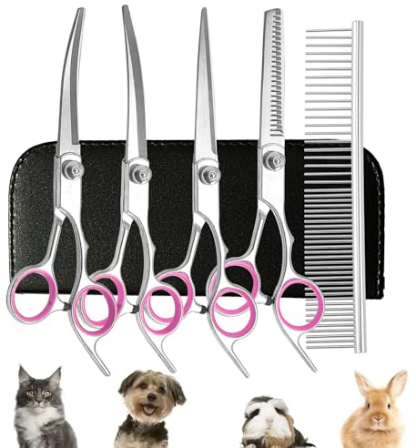Professional Dog Grooming Kit - Stainless Steel 5-Piece Set With Safety Round Tips, Straight and Curved Shears, Thinning Shear and Comb for Dog Cat Pet Hair Care at Home