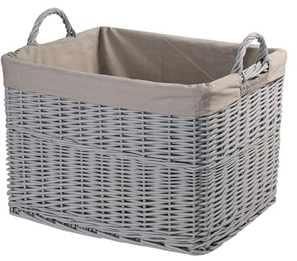 Home Storage Grey Painted Rectangular Wicker Basket with Handle, Large