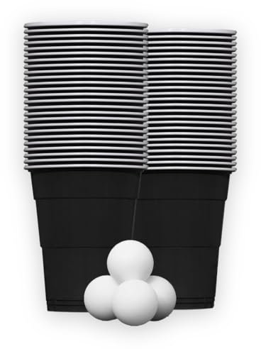 RedCupShop® Beer Pong Lot de 50 gobelets noirs + 4 balles, réutilisables, 473 ml, passent au lave-vaisselle et sans BPA, pour fête pour beerpong et jeux à boire