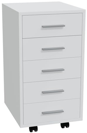 HAGO24 | Rollcontainer | Bürocontainer | Büroschrank | Aktenschrank | Rollschrank | 5 Schubladen | Aluminium-Griffe | Möbelrollen | 360° schwenkbar | Weiß |