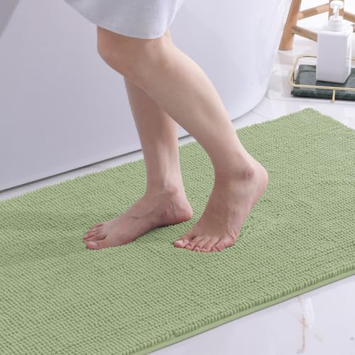 OLANLY Chenille badrumsmatta halkfri badrumsmatta mjuk badmatta absorberande badrumsmatta tvättbar duschmatta för badrum, 60 x 120 cm, gräsgrön