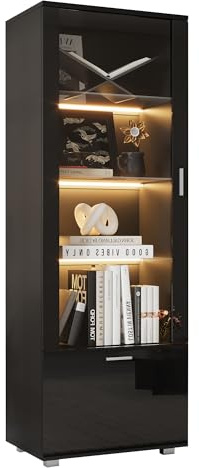 Vitrina negra brillante con LED y puertas de cristal – Moderna vitrina de cristal para coleccionables, libros y decoración, 3 estantes de vidrio templado, vitrina estable con espacio de almacenamiento